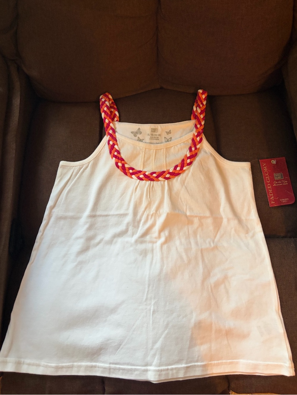 Faded Glory White Tank Top with Red & Pink Braided Neckline